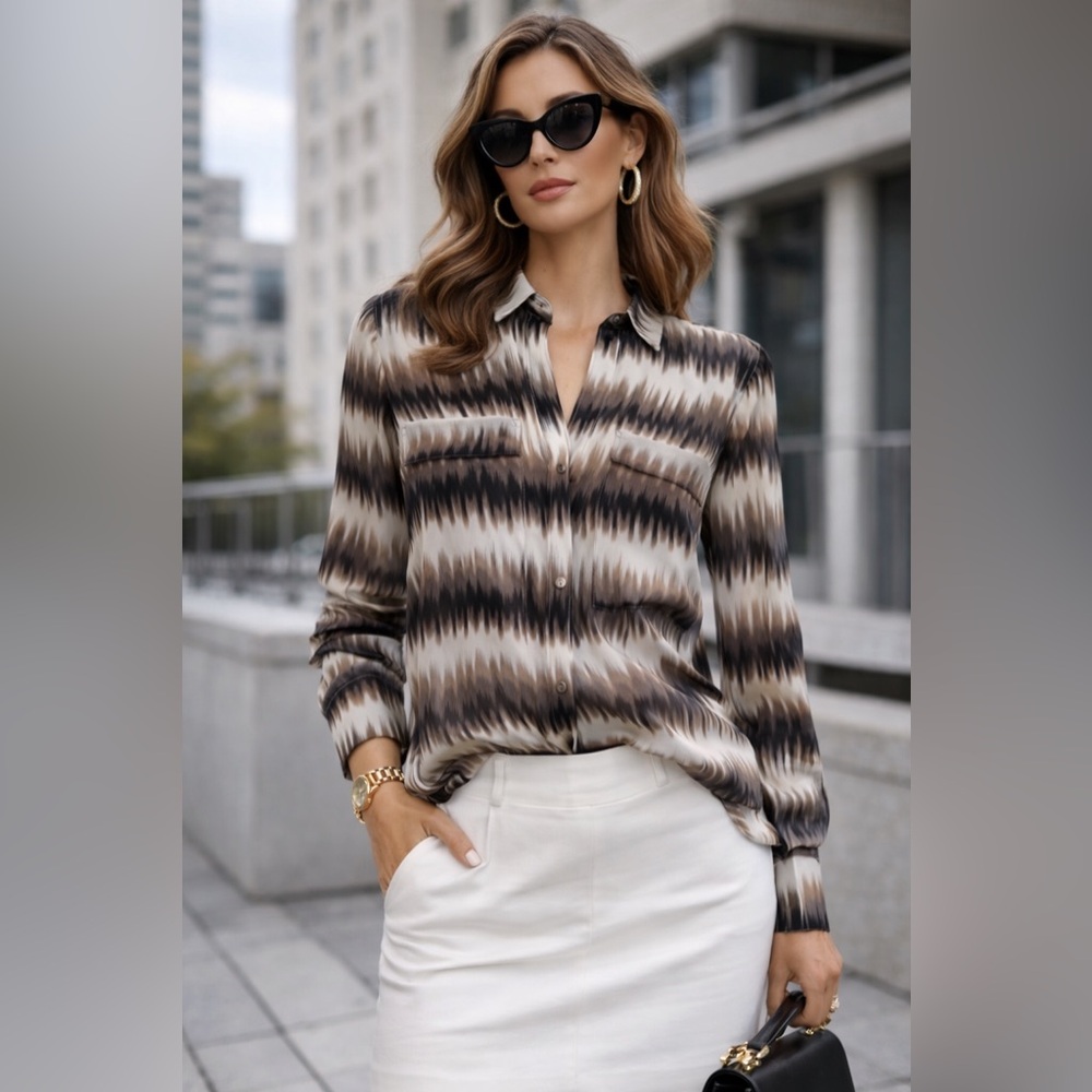 BCBGMaxAzria Brown, Beige & Black Patterned Silk Blouse – Size XXS